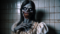 horror-themed photograph depicts a monstrous zombie woman  figure with exaggerated features, creating an eerie and unsettling atmosphere. The character's face is pale and grayish-blue, with exaggerated dark circles around the eyes and white, glowing eyes that stand out prominently. The mouth is wide open, revealing sharp, jagged teeth and a dark, decayed interior, some of which are missing or broken. Blood stains are visible around the mouth and on the chin, enhancing the grotesque appearance. Long, straight black hair frames the face, falling over the shoulders. The figure's skin appears damp and lifeless, with visible cracks, scars, and dark smudges around the eyes, adding to the macabre look. Long, sharp nails painted black with a glossy finish extend from the hands, which are pressed against the chest in a Way of crossed knuckle gesture. The monster is wearing a white dress with puffed sleeves, intricate lace trim, and ruffles along the edges, adding a vintage touch to the horror theme. A single pearl earring hangs from the left ear, providing a stark contrast to the macabre appearance. The background consists of plain, off-white tiles, slightly out of focus due to the shallow depth of field, which keeps the focus on the creature's terrifying features. The lighting is low-key and dim, emphasizing the eerie and eerie mood of the image while casting shadows on parts of the face and body. The color palette is dominated by cool grays, blacks, and whites, with low saturation and high contrast, contributing to the chilling effect of the photograph..